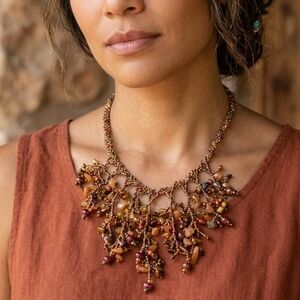 ​Artisan Southwestern Fringe Bib Necklace - Earth Tone Stone Chips & Seed Beads